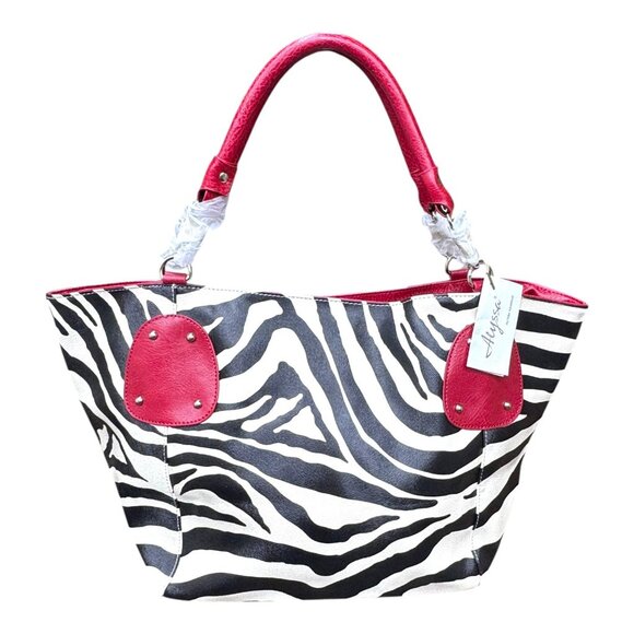 Alyssa Zebra Print Handbag Y2K Boho Red Faux Leather Handles Matching Wallet Set - Picture 4 of 10